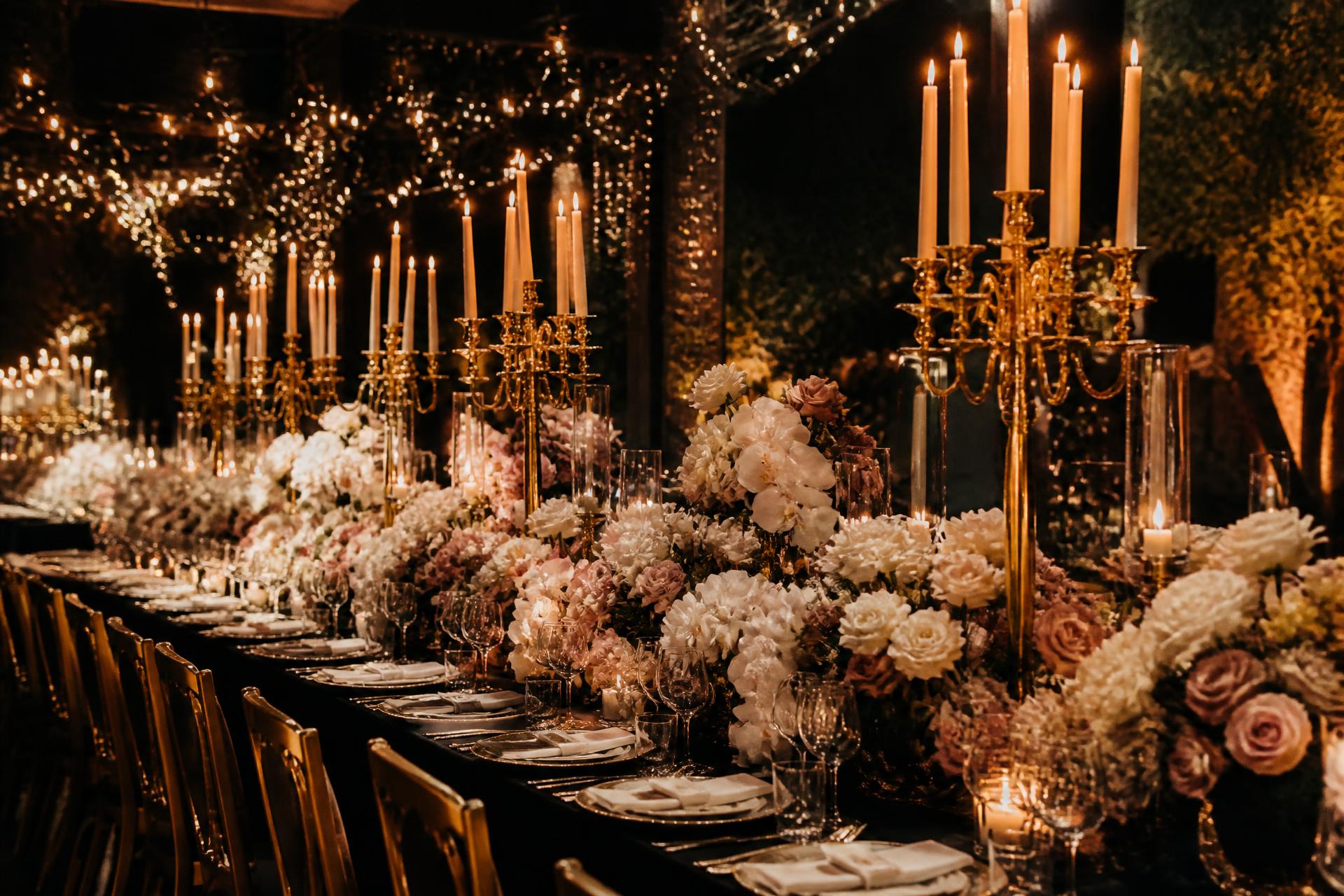 Decoração de casamento sofisticada com arranjos florais e candelabros dourados